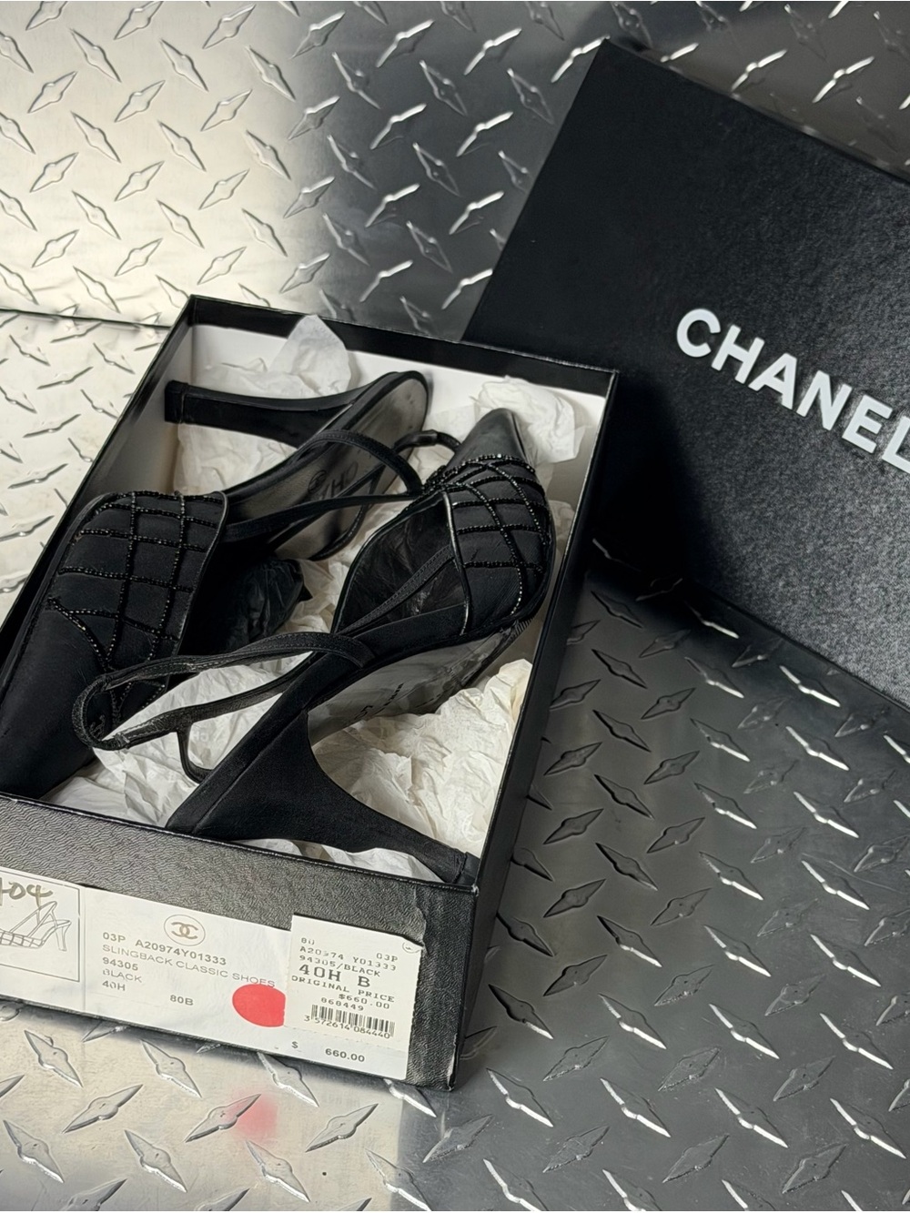 Chanel Vintage Satin Embellished Logo Slingbacks in Black 40.5 - Picture 6 of 7